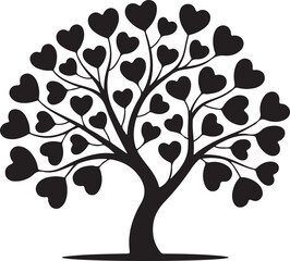 Obraz premium Romantic Tree with Bold Heart-Shaped Leaves – Black Silhouette Vector Illustration