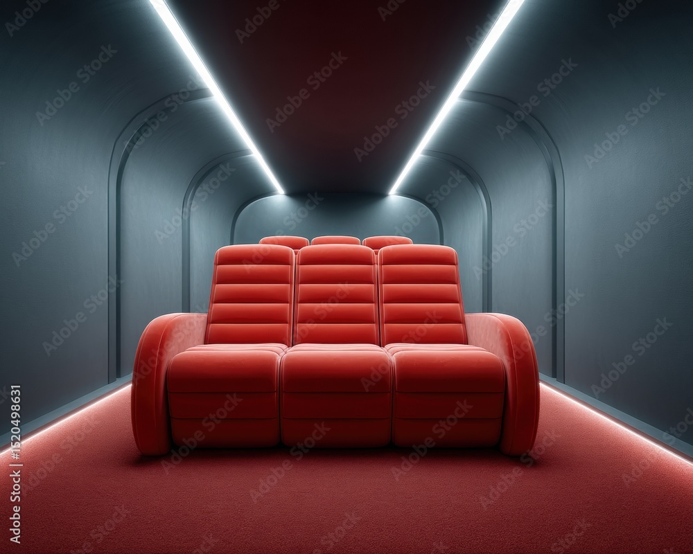 Poster futuristic home cinema with spatial audio and motion seating featuring red leather recliners and amb