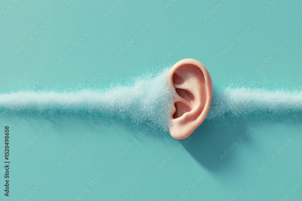 Aufkleber minimalist human ear with dynamic sound wave visualization on soft blue background for modern hearin