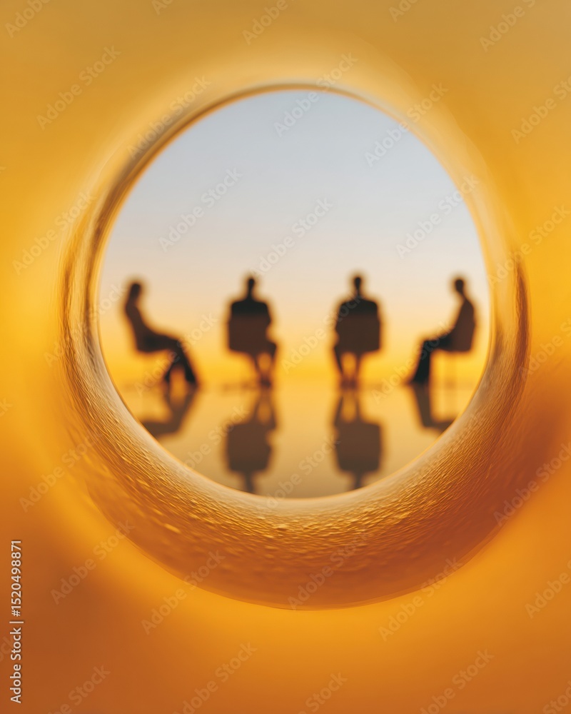 Poster silhouetted business professionals in roundtable meeting through circular frame with warm lighting -