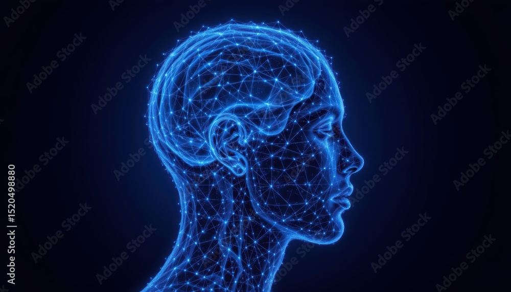 Poster abstract digital representation of a human brain with glowing neural connections in profile view