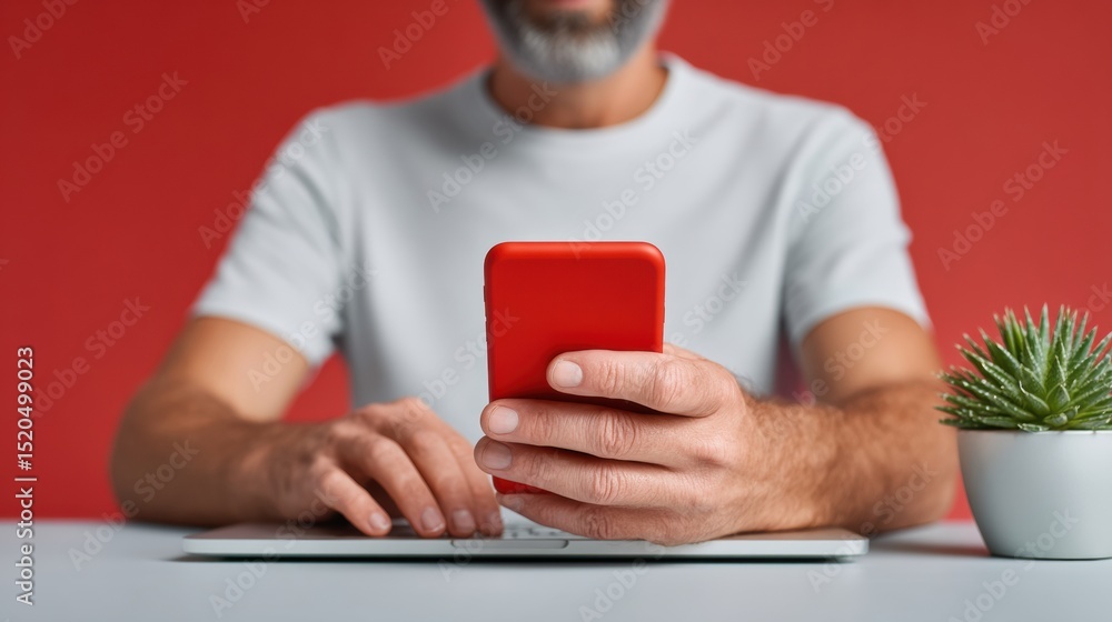 Poster modern professional multitasking with smartphone and laptop on clean desk space, vibrant colors high