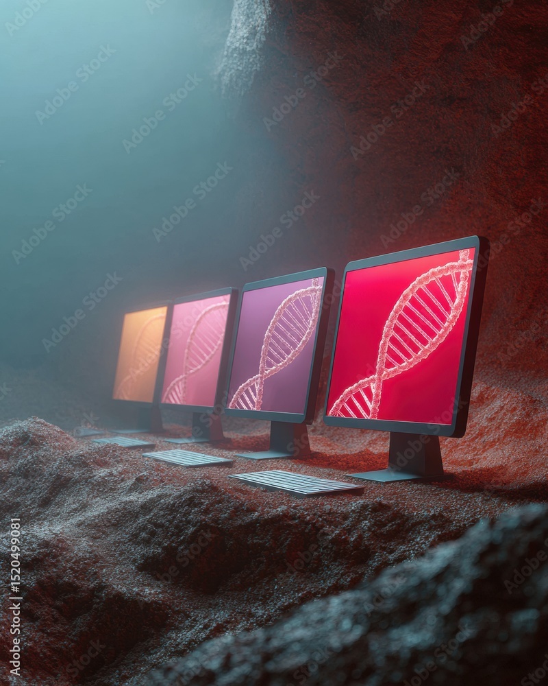 Aufkleber Futuristic Precision Therapy Genomic Analysis with DNA Helix on Multiple Monitors in Advanced Biotechnology Lab Environment