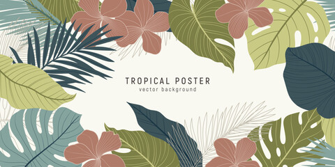 Tropical leaves and flowers vector background. Exotic summer poster with green foliage and hibiscus in earthy tones. Jungle botanical frame design.