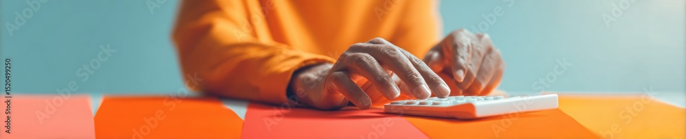 Poster modern asian businesswoman using calculator for accurate payroll and financial analysis in vibrant o