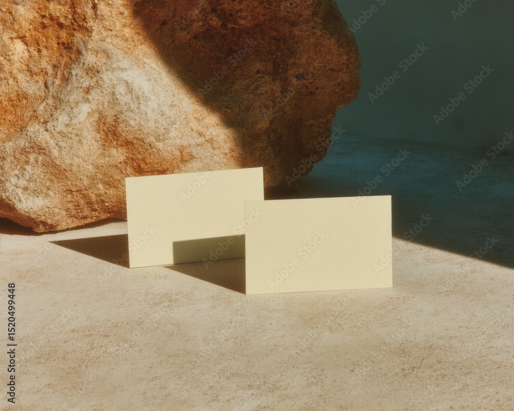 Poster minimalist blank business cards with soft shadows and natural textured surface, modern branding temp