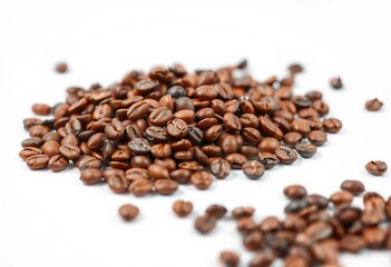 Naklejka premium Close-up of scattered coffee beans, isolated on white with reflection, pile, scattered