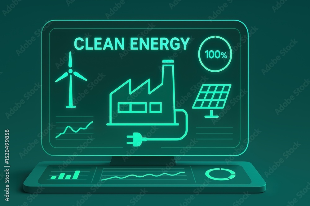 Poster digital interface displaying renewable energy concepts and clean technology solutions