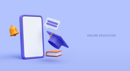 3D Online education concept. Digital classroom, Learing on phone