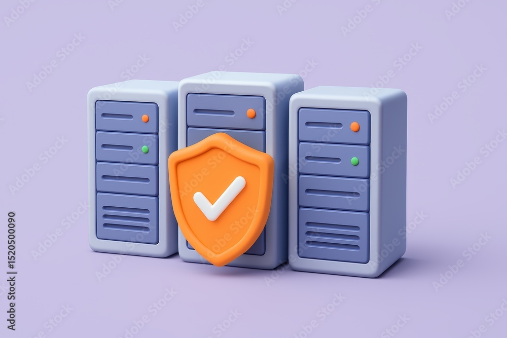 Poster 3d illustration of data servers with security shield on purple background for technology concepts