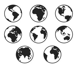 A versatile set of earth globe silhouette illustrations featuring various world map angles. Ideal for educational materials, global themed designs, travel visuals, and environmental campaigns.