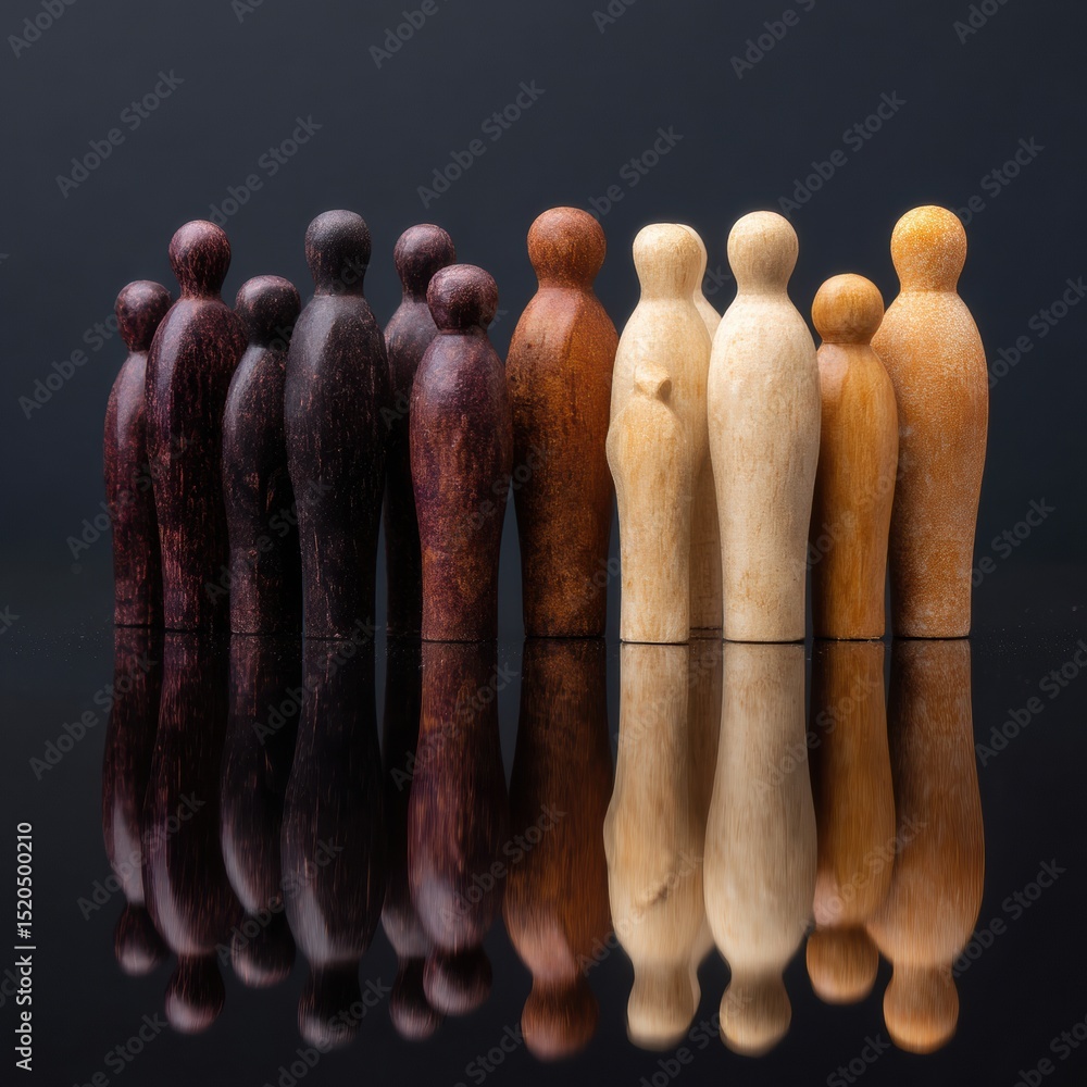 Aufkleber diverse wooden figurines representing family and community unity on reflective surface for sociologi