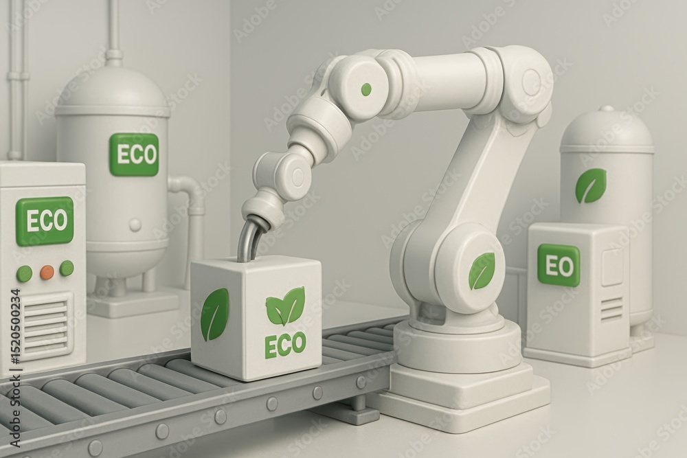Poster eco-friendly automation in manufacturing environment with robotic arm and sustainable practices