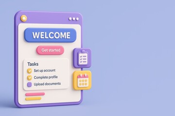 Colorful 3D Welcome Screen Interface Design with Task List for User Onboarding Process