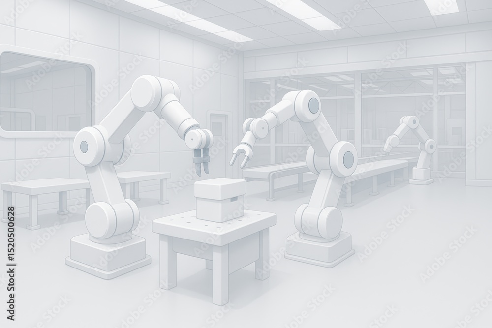 Poster robots in a modern laboratory engaged in precision tasks and manipulation of a container