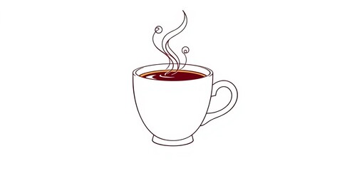 Single continuous line drawing of a steaming coffee cup on white, morning, steam