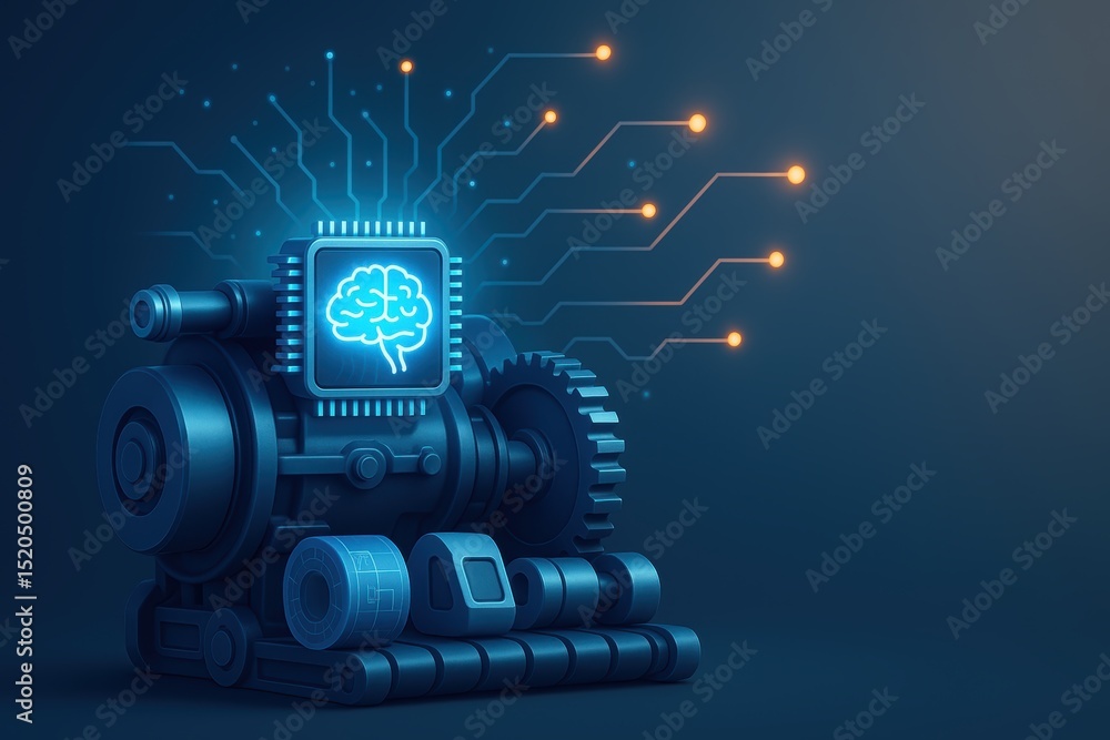 Poster futuristic machine with brain symbol and circuitry in blue color palette for technology themes
