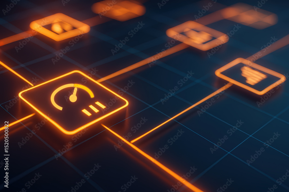 Poster bright neon icons representing data flow and connectivity in a digital interface background