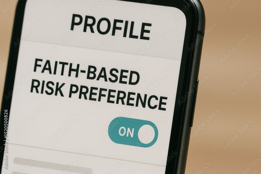 Poster mobile device screen displaying profile settings for faith-based risk preference management
