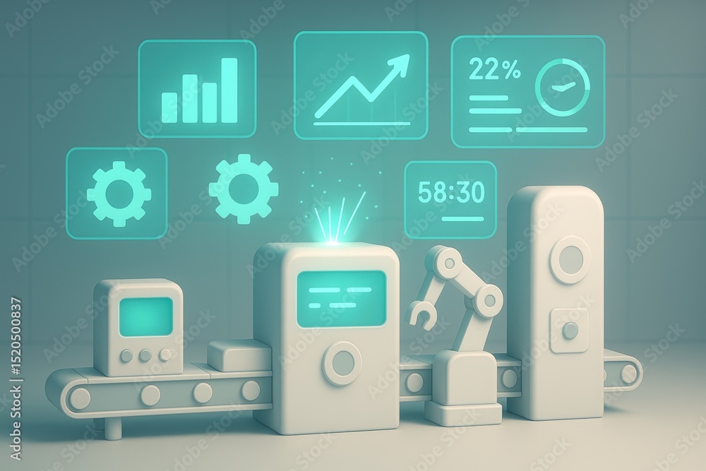 Poster modern industrial automation concept with robotic arm and interactive data visualization elements