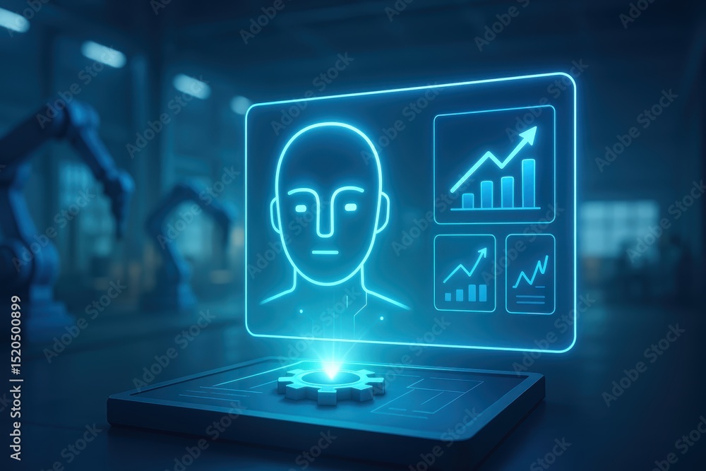 Poster futuristic technology interface with digital face and data charts in industrial setting