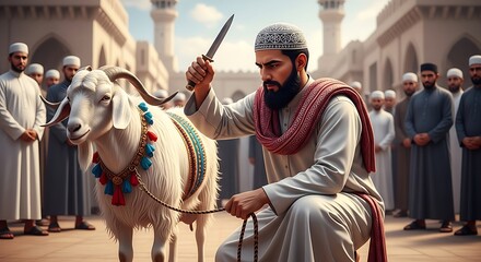Fototapeta premium Realistic scene of a man performing animal sacrifice (Qurban) during Eid al-Adha with proper Islamic attire and crowd in the background