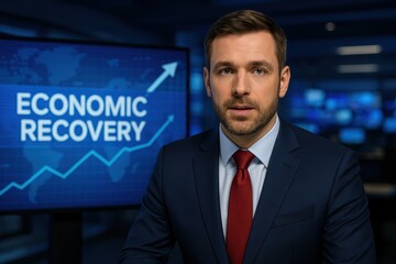 Businessman Announcing Economic Recovery with Upward Trend Graph and News Studio Background