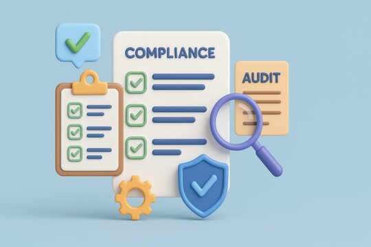 Colorful 3D Illustration of Compliance and Audit Concept with Checklists and Symbols on Blue Background