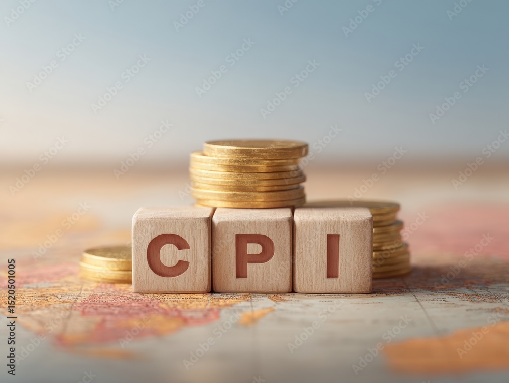 Poster CPI Wooden Blocks and Gold Coins on World Map Representing Global Inflation and Consumer Price Index for Financial and Economic Insights