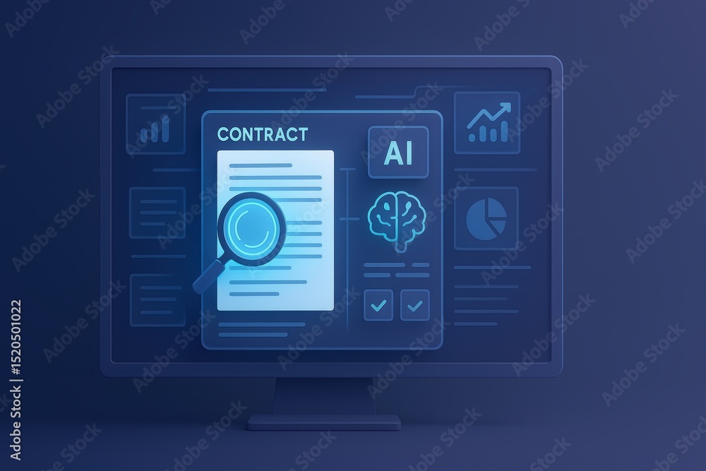 Poster digital contract analysis with ai technology on computer screen in modern workspace