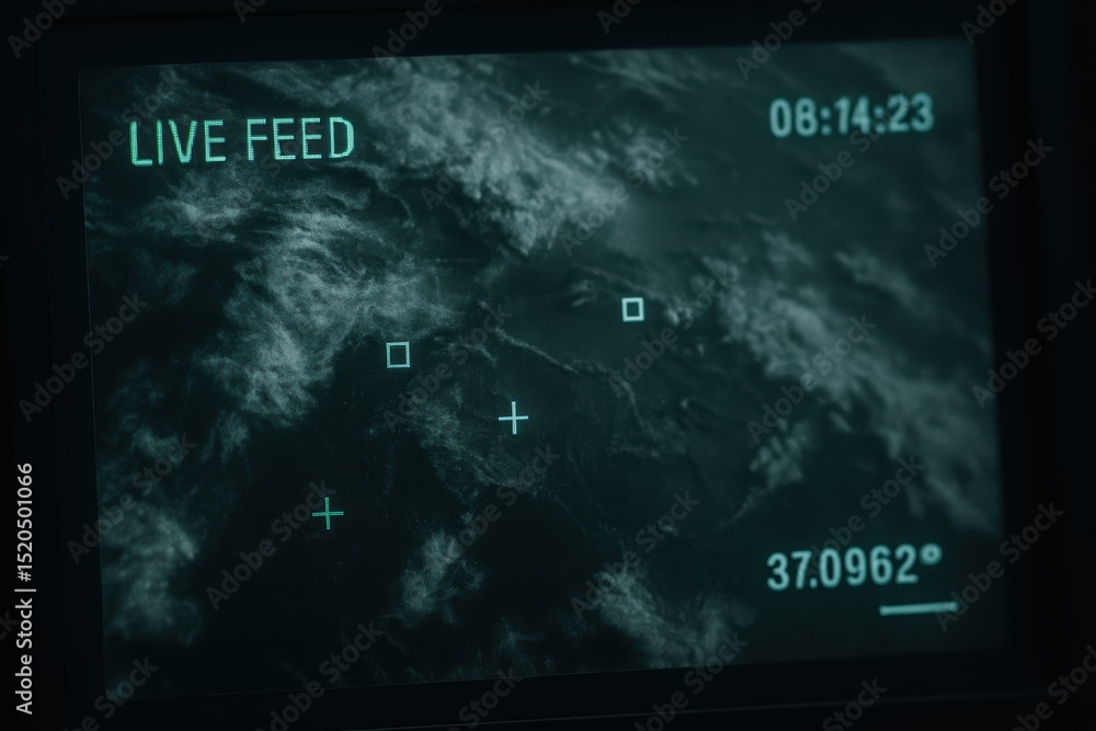 Poster live feed displaying stunning aerial view of earth with clouds and coordinates in dark tone