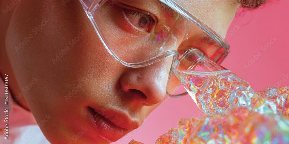 Aufkleber Close-up of biomarker research scientist analyzing DNA data with advanced microscope and glassware in modern biotech laboratory setting