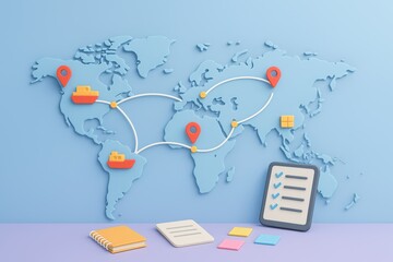 Naklejka premium Creative 3D Illustration of Global Logistics and Shipping Route with Colorful Elements