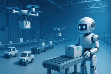 Fototapeta premium Robotics in Warehouse Automation with Drones and Delivery Trucks in Futuristic Blue Environment