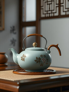 teapot on the table,traditional,kittle,AI generated