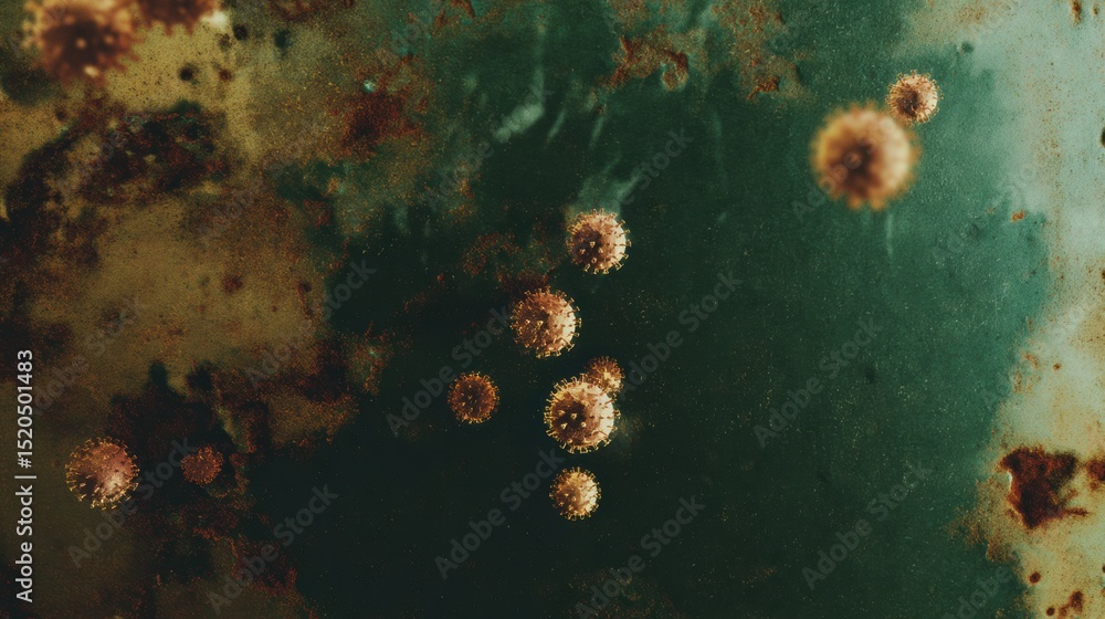 Poster Close-up of Metallic Door Handle with Microscopic Virus Particles Showing Infection Risk and Contact Transmission for Public Health Awareness