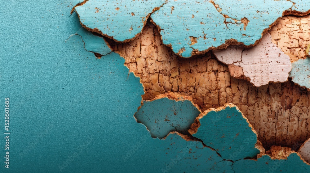 Poster macro close-up of peeling blue paint on cork surface showing natural texture and organic grain patte