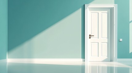 Empty room with a white door and teal walls.