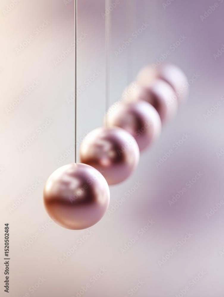 Poster Metallic Newtons Cradle with Motion Blur in Soft Pastel Tones Demonstrating Energy Transfer, Dynamic Physics Concept for Business and Innovation Visualization