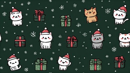 Cute flat cats in Santa hats, playing with gift boxes and snowflakes, seamless pattern, Christmas theme, flat style, minimal colors (red, green, white), kawaii style.