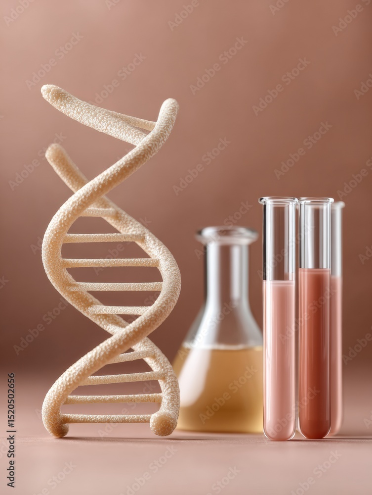 Poster modern genetic research concept with textured dna helix and test tubes in soft earth tones for biote