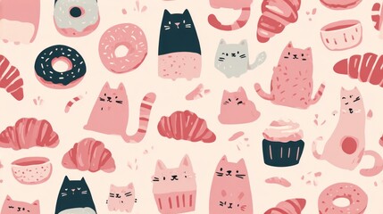 Flat style seamless pattern of cats inside croissants, donuts and cupcakes, cute and minimalist design, pastel bakery color theme, kawaii illustration, clean lines.