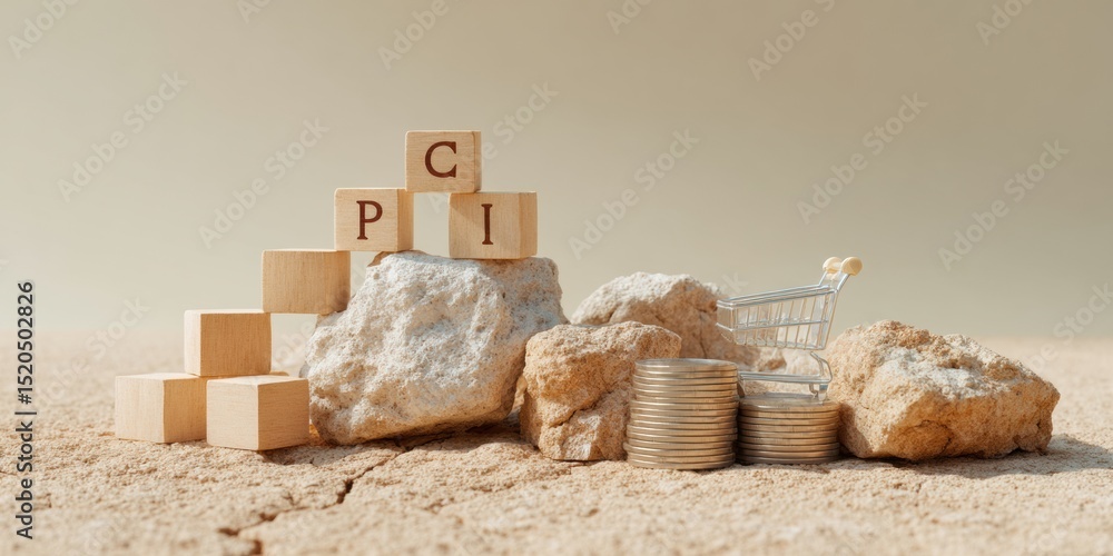 Aufkleber minimalist wooden alphabet blocks spelling cpi with ascending coin stacks and mini shopping carts - 