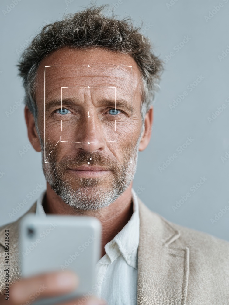 Fototapete Middle-aged Businessman Using Smartphone with Facial Recognition Technology for Secure Mobile Authentication in Modern Digital Security Context