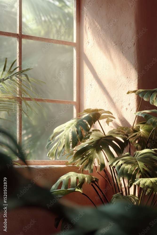 Aufkleber ultra-realistic tropical greenery with soft sunlight filtering through window panes, highlighting pl