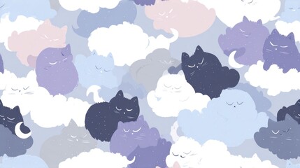 Sleepy cats curled up on clouds and crescent moons, seamless pattern, flat style, night theme with soft colors (lavender, blue, gray), minimal and cute design.