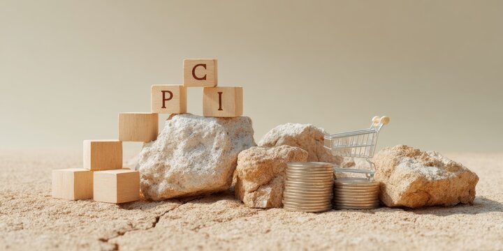 Minimalist Wooden Alphabet Blocks Spelling CPI with Ascending Coin Stacks and Mini Shopping Carts - Economic Inflation and Consumer Price Index Concept