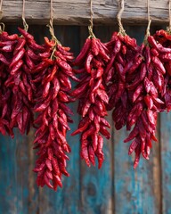 Naklejka premium Shavuot Tradition Rustic Dried Chile Peppers Hanging on Wood Beam for Harvest Preservation with Seasonal Kosher Food and Cinco de Mayo Culinary Marketing