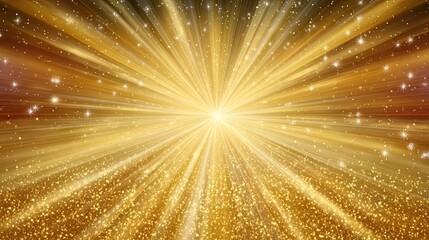 Radiant golden explosion with sparkling particles and light rays on festive background