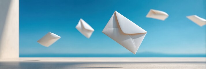 National Pen Pal Day Floating Envelopes Over Minimalist Desk with Clean Airy Blue Sky - Earth Day and Spring Sale Season Modern Communication Concept